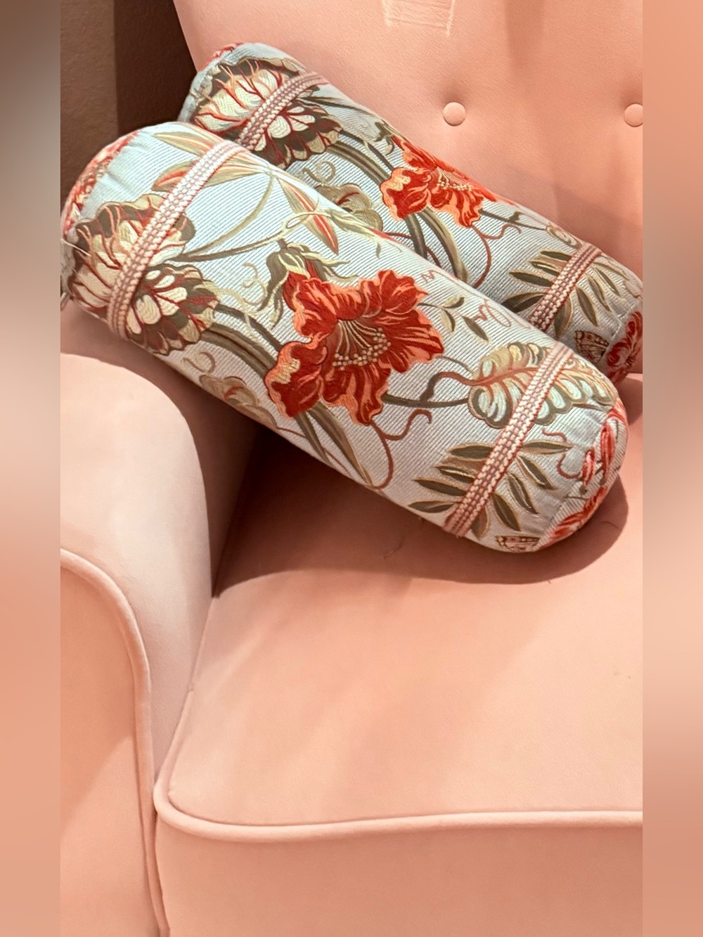 Floral Pink and Robins Egg Blue Custom Made Bolster Accent Pillows Set of 2